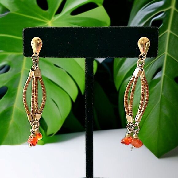 Vintage Beaded Dangle Earrings 1980s Estate Gold Tone Snake Chain Abstract Twist - Picture 13 of 16